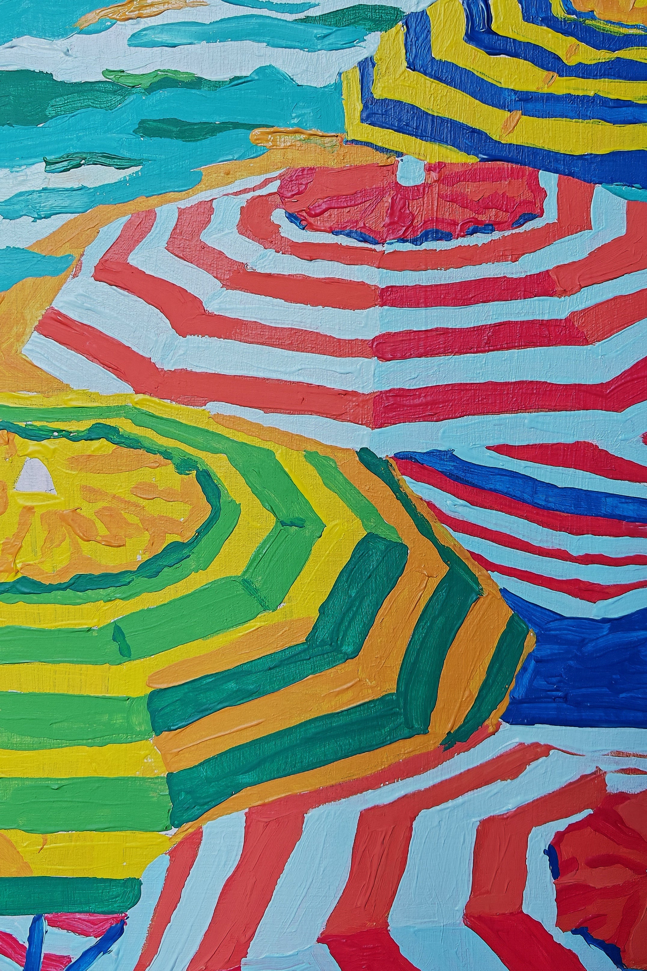 Colorful abstract painting with bold concentric shapes and wavy lines in green, yellow, red, blue, orange, and turquoise.