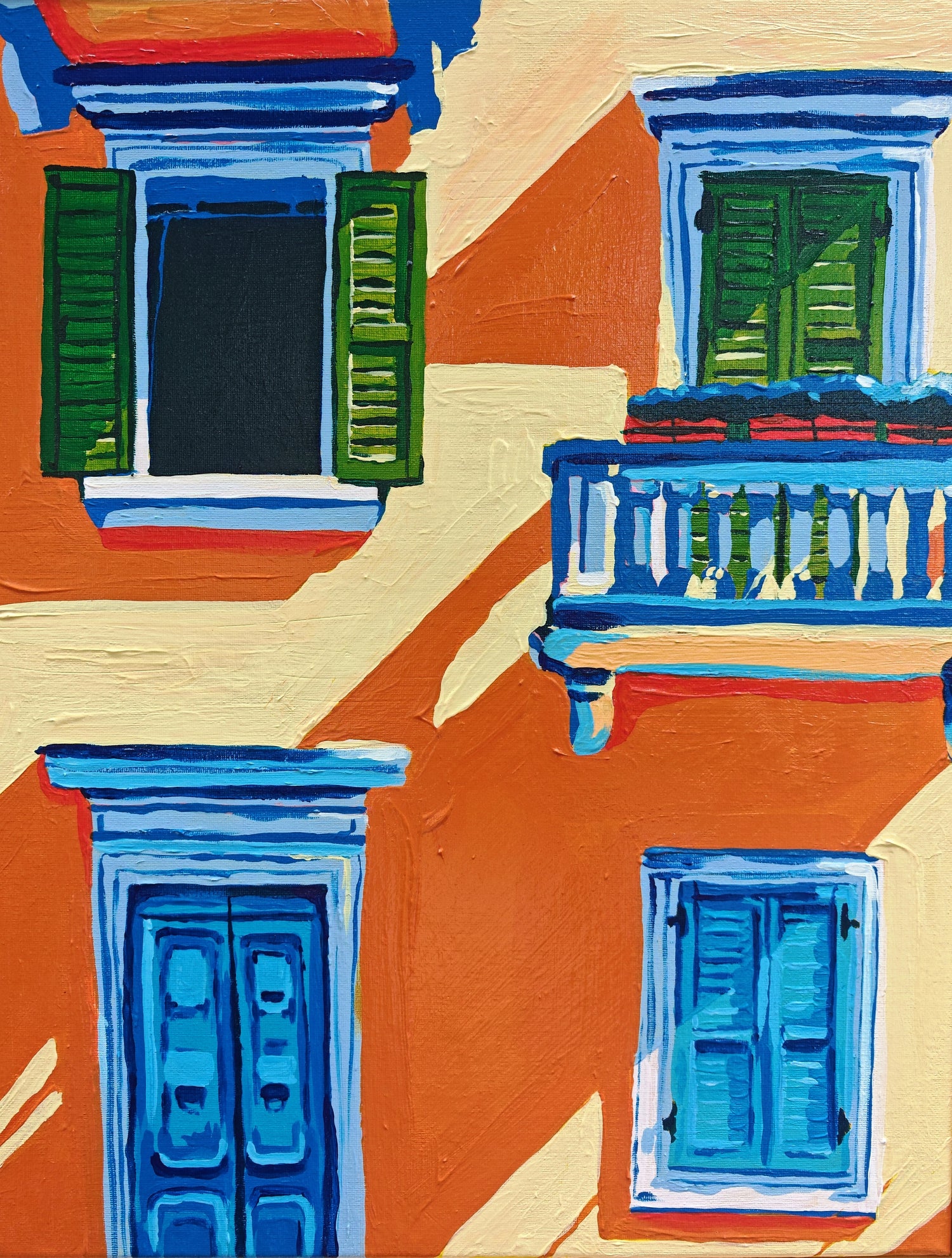 Colorful painting of Mediterranean-style building facades with blue shutters, doors, and balconies against warm orange and cream walls.